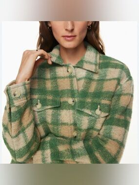 House of Harlow 1960 Green and Tan Plaid Wool Blend Button Cropped Jacket Large